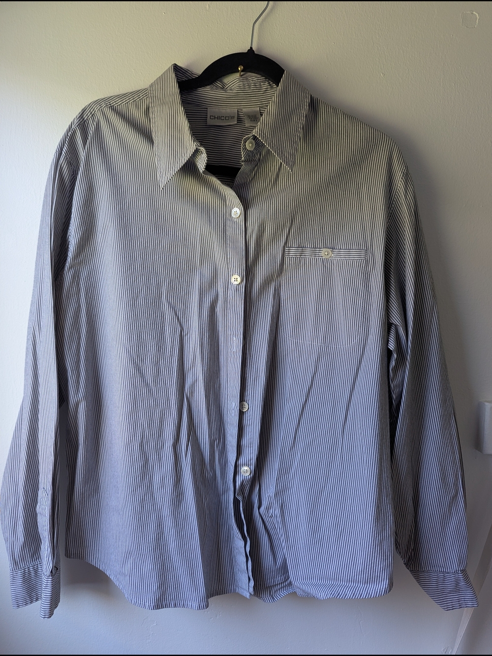 Chico's Navy and White Pinstripe Button Down Shirt Size 3 (16/XL)